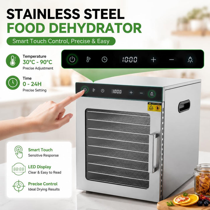 800 Watt Dörrautomat, Food Dehydrator mit 10 Edelstahlschalen LED Touch Control Design, Einstellbare