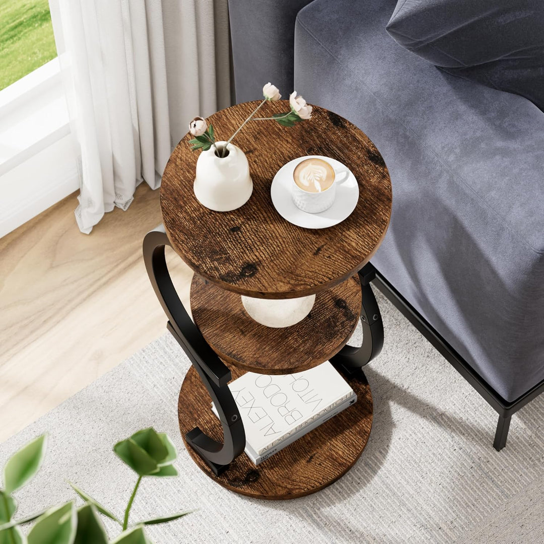 JUSTOGO Beistelltisch Rund, S-förmiges 3-stufiger Couchtisch, Kleiner Tisch Holz, Metall Nachttisch