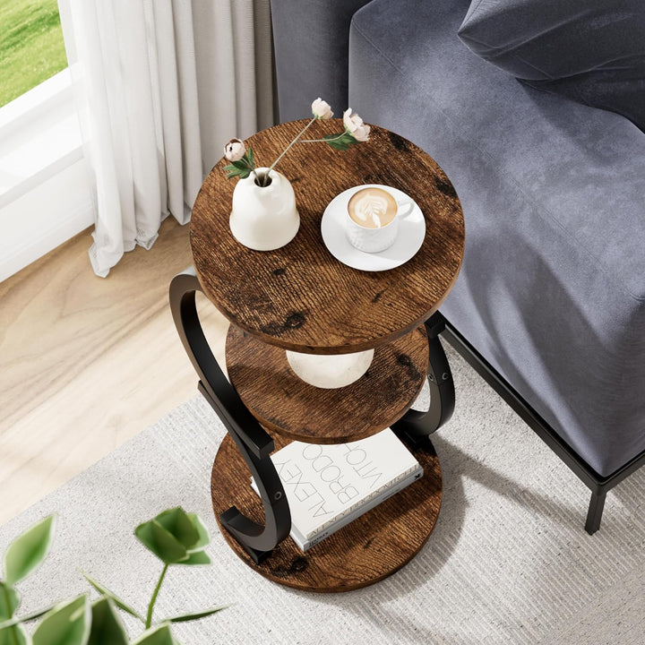 JUSTOGO Beistelltisch Rund, S-förmiges 3-stufiger Couchtisch, Kleiner Tisch Holz, Metall Nachttisch