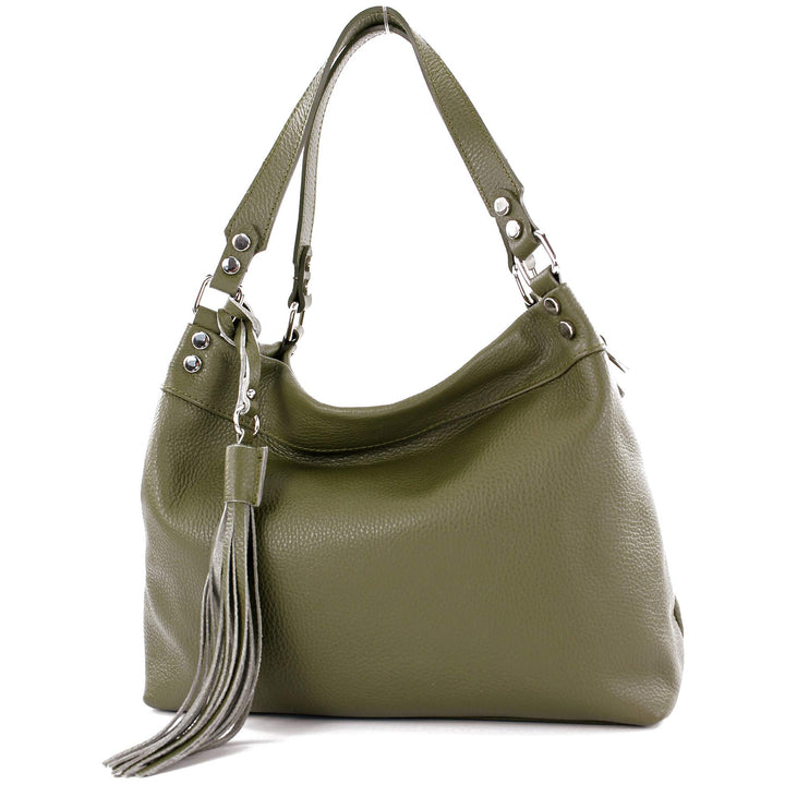 modamoda de - T201 - ital. Damen Schultertasche aus Echtleder Olivgrün, Olivgrün