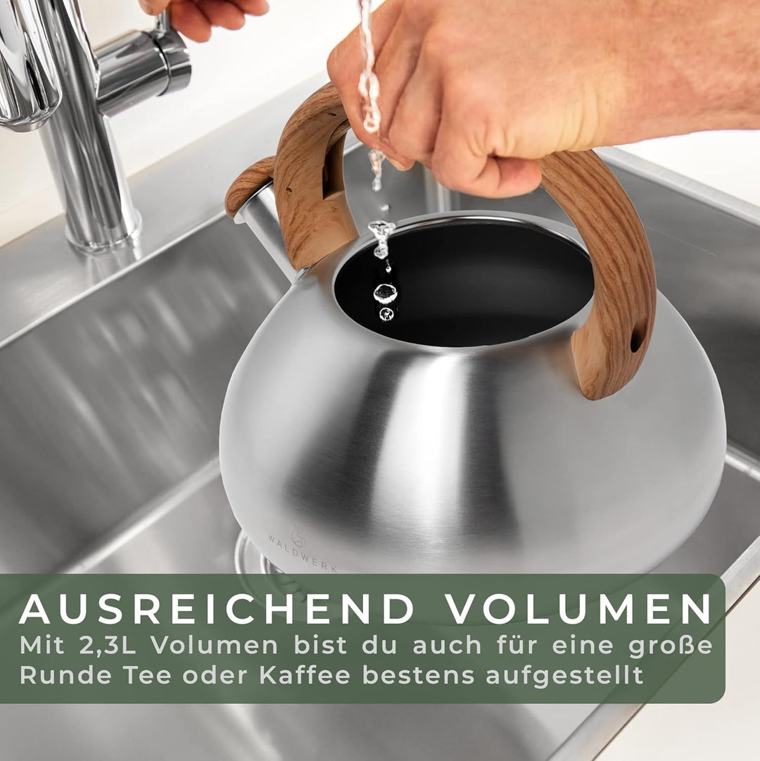 WALDWERK Wasserkessel (2,3L) - Wasserkessel für Induktion und Gasherd - Teekessel mit Holzoptik Grif