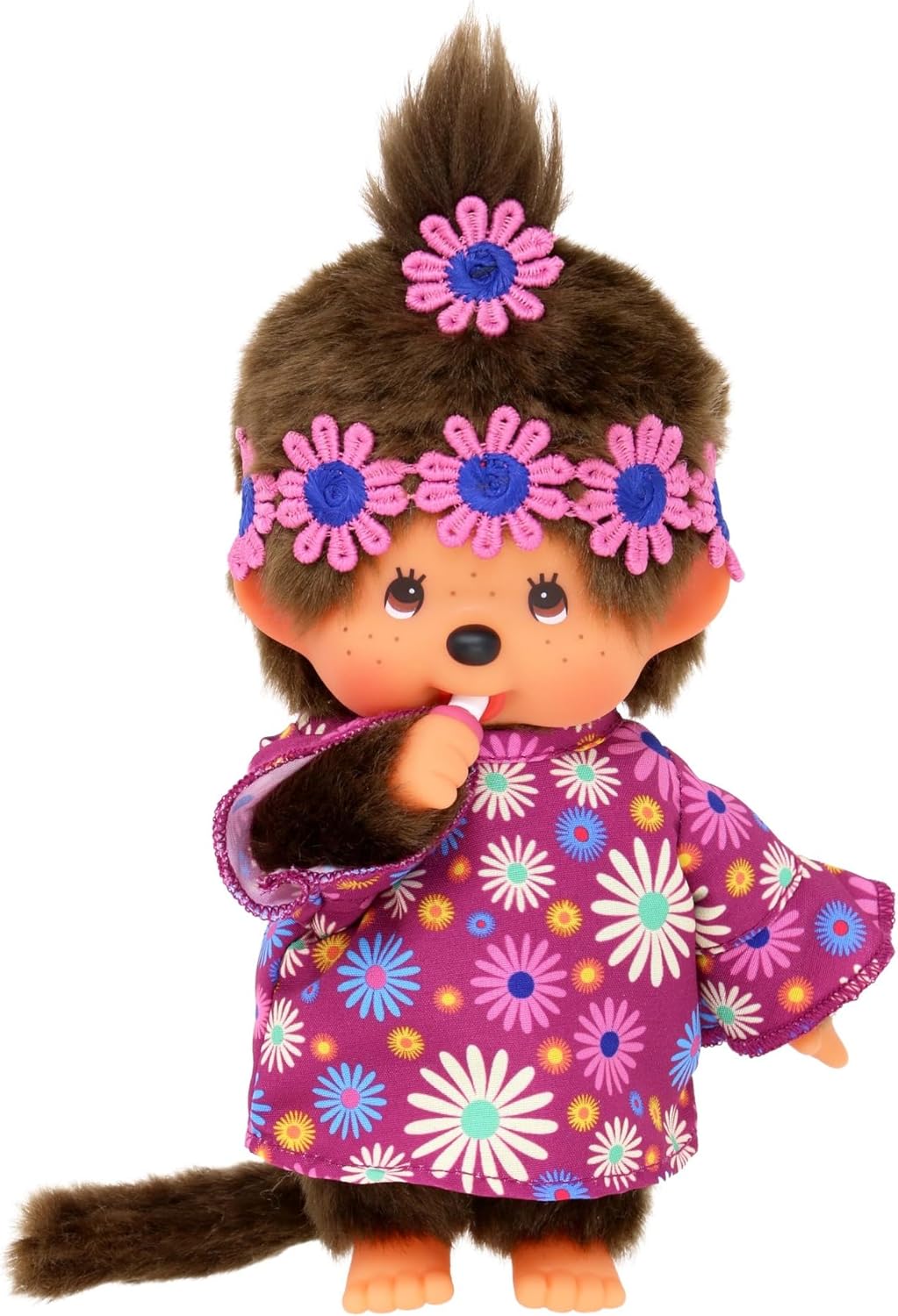 Sekiguchi 252893 - Original Monchhichi Mädchen Flower Power in Lila und Blau, ca. 20 cm grosses Kusc