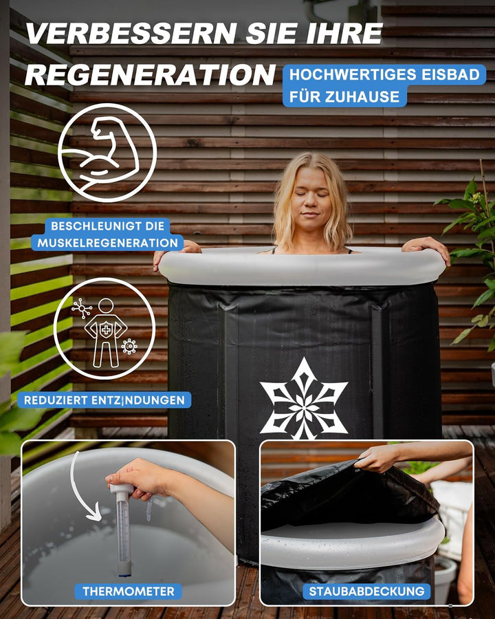 Eisbad Tonne mit Kühlsystem (80 cm Ø) XL, Eistonne Eisbaden mit 8 Edelstahlstangen, Sporttasche/Hitz
