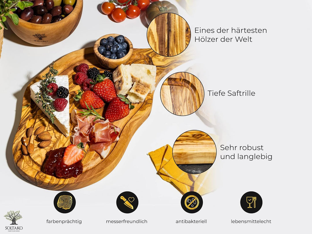 SOLTAKO Olivenholz Steakbrett mit Saftrille 3er Set (35/40/45cm) Schneidebretter aus Oliven Holz mit