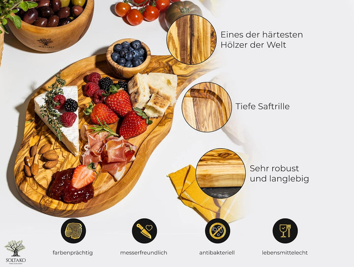 SOLTAKO Olivenholz Steakbrett mit Saftrille 3er Set (35/40/45cm) Schneidebretter aus Oliven Holz mit