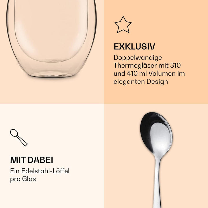DUOS® Jumbo 4er Set Latte Macchiato Gläser Doppelwandig 2x 310ml + 2x 410ml + 4x Löffel, Doppelwandi