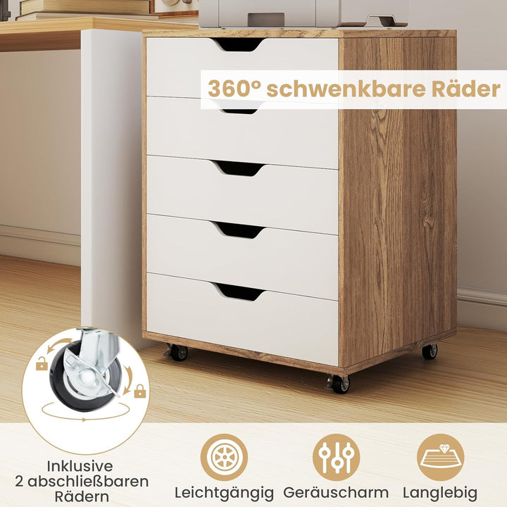GOPLUS Schubladenschrank mit Rollen, Rollcontainer mit 5 Schubladen, Griffmulden, mobiler Aktenschra