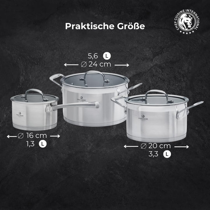 CHEF CUISINE Topfset, 3-tlg., Ø 16/20/24 cm, Glasdeckel, Gratis Topf-Untersetzer, Edelstahl, Alumini