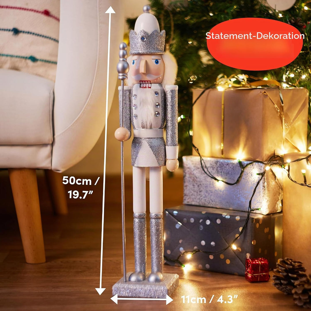 THE TWIDDLERS Grosse Holz Weihnachten Nussknacker Figuren (Weiss & Silber), XL 50cm - Traditionelle