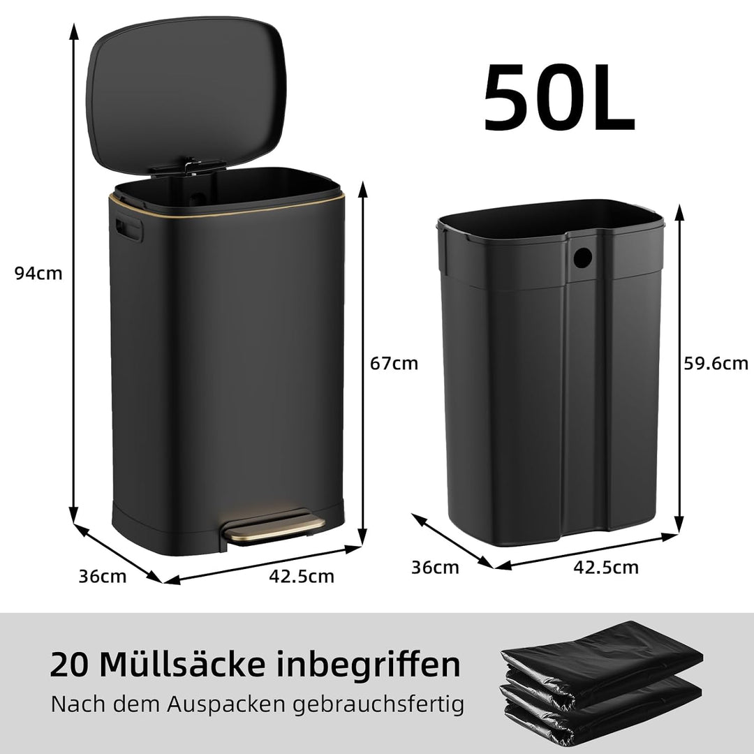 KSSKSS Mülleimer Küche, 50 Liter, Abfalleimer, Treteimer mit sanft schliessendem Deckel und Fusspeda