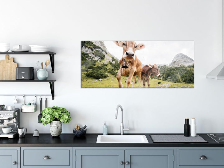 Glasbild Panorama | Wandbild aus Echtglas | Almkuh auf der Weide | 100x40 cm | inkl. Aufhängung und