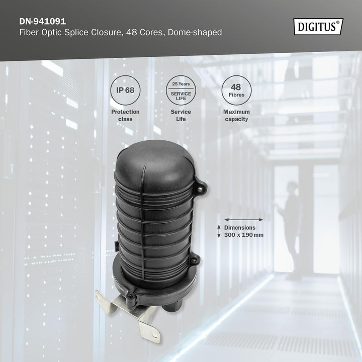 DIGITUS LWL-Dome Muffe - für 48 Glasfasern - IP68 Schutzklasse - Erosionsschutz - Spleissmuffe - Sch