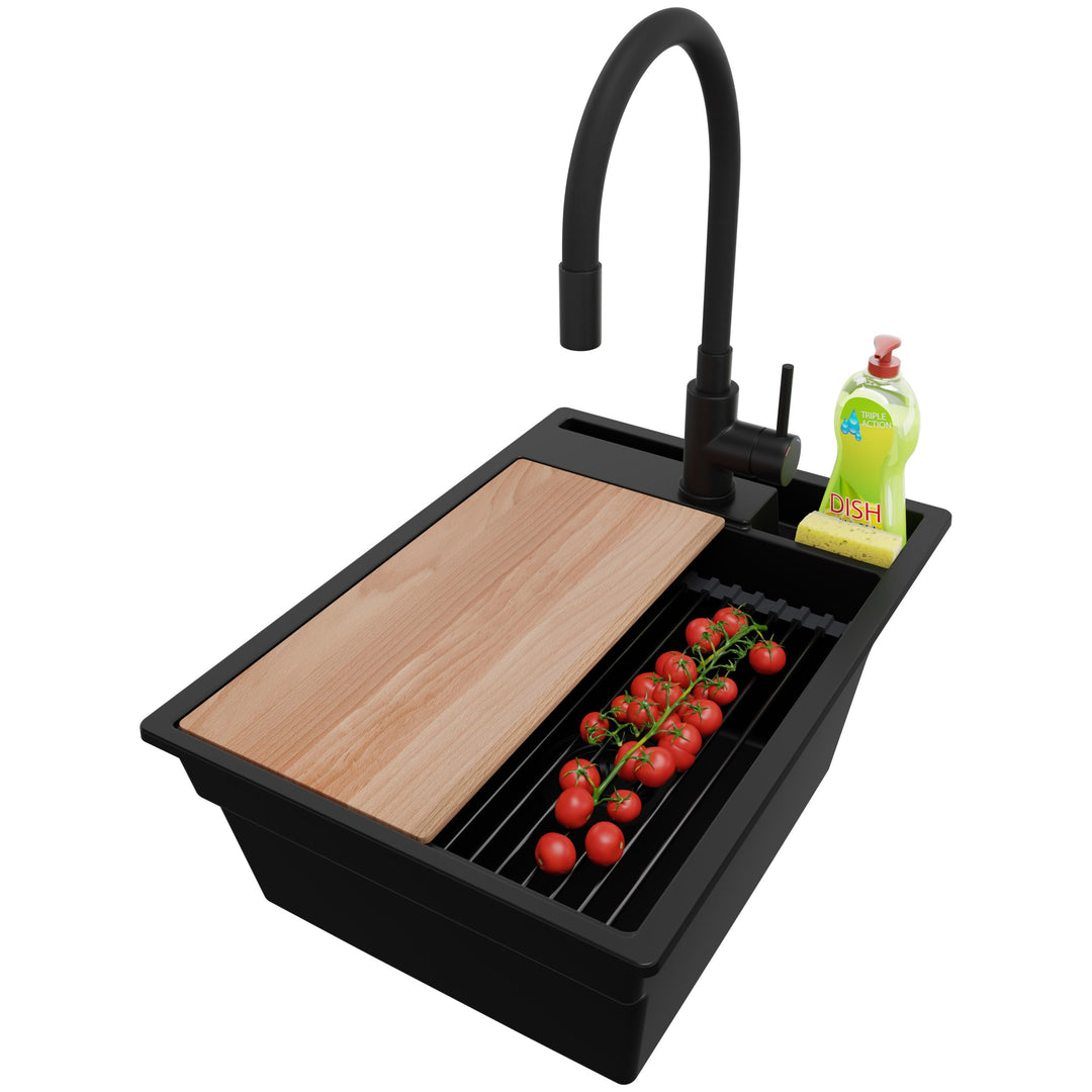 PRIMAGRAN Granitspüle Alles Schwarz - Oslo Pocket, 38x53cm | Spülbecken 1 Becken + Küchenarmatur 40x