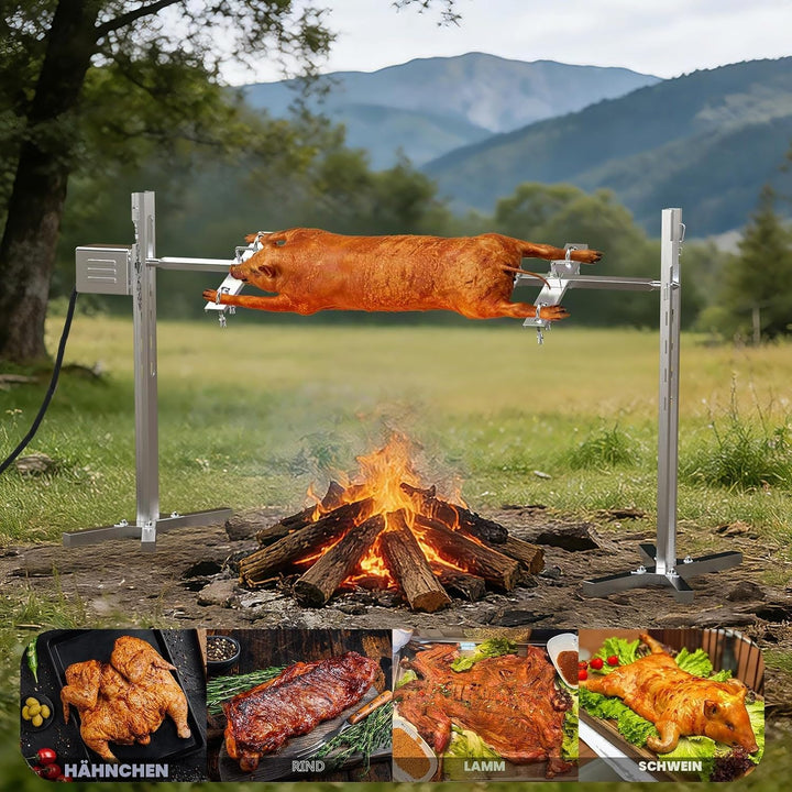 Spanferkelgrill mit Motor 60kg Belastbarkeit, Elektrischer Grillspiess Edelstahl mit 5-Stufig Höhenv