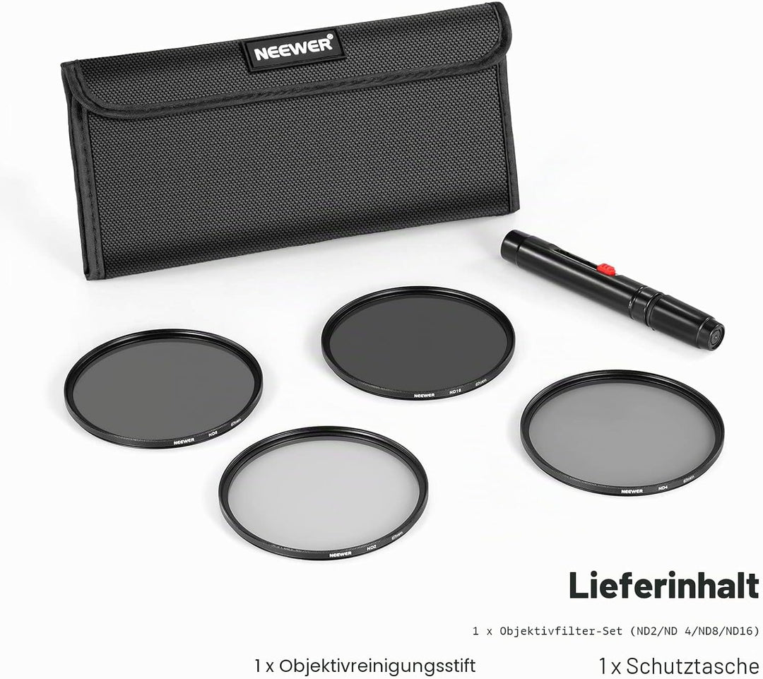 NEEWER 67mm ND Filter Set ND2 ND4 ND8 ND16, Objektivreinigungsstift, Filterbeutel, Graufilter Set, k