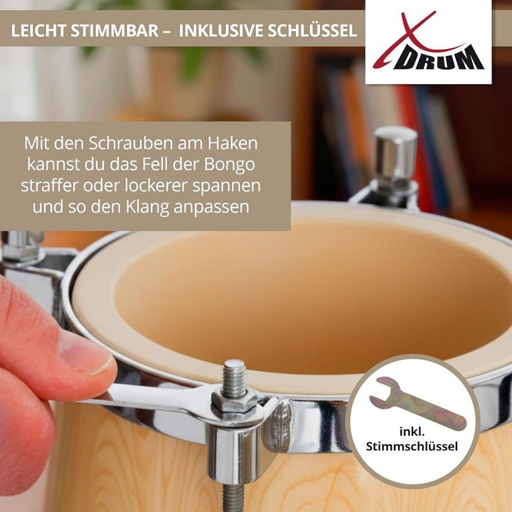 XDrum Bongos Pro Natur - 2 Trommeln mit 6,5" (17 cm) und 7,5" (20 cm) Durchmesser - Bongotrommeln mi