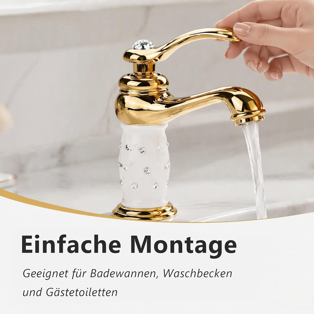 Tbest Waschtischarmatur Weiss Gold,Wasserhahn Gold,Grohe Wasserhahn Waschbecken Goldfarben Massivem