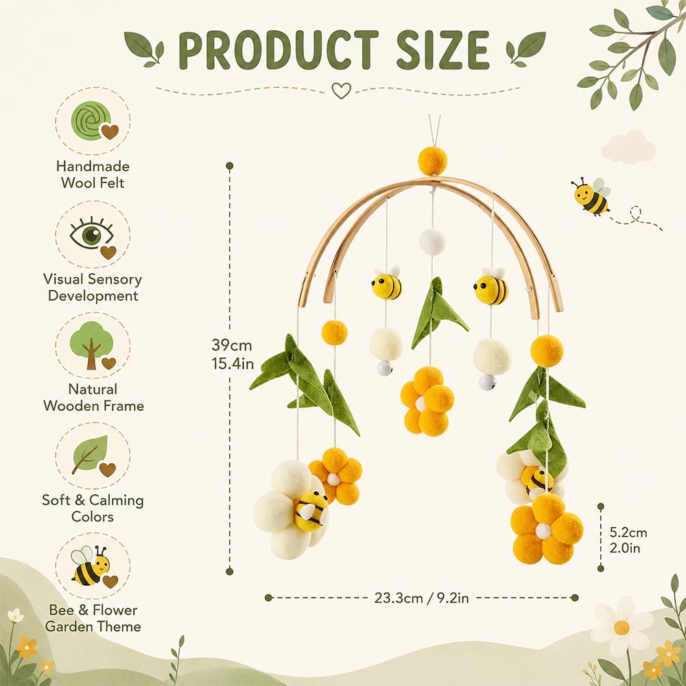 Mobile Kinderbett,Mobile für Wickeltisch,Wickeltisch Mobile mit Filzbällen, Bienen und Blumen,Kinder