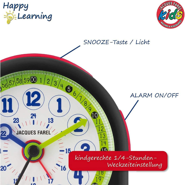 JACQUES FAREL Happy Learning Kinder-Wecker Lernwecker Jungen Schwarz Grün ohne Ticken Snooze Analog