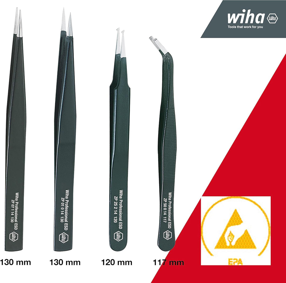 Wiha SMD-Pinzette Set Professional ESD (32349), Pinzette für elektrostatische Bauteile, feine Zange