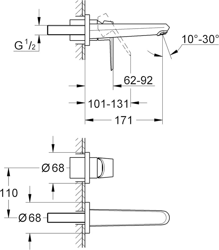 GROHE Eurodisc C 2-Loch-Waschtischbatterie , Wandmontage 19573002, Silber Zwei-Loch-Waschtischmische