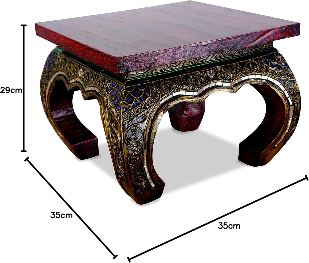 livasia Opiumtisch mit Glasmosaikverzierungen, Beistelltisch aus Holz, Nachttisch, asiatischer Hocke