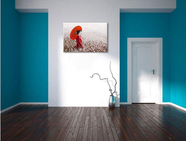 Geisha auf dem Feld, Format: 100x70 auf Leinwand, XXL riesige Bilder fertig gerahmt mit Keilrahmen,