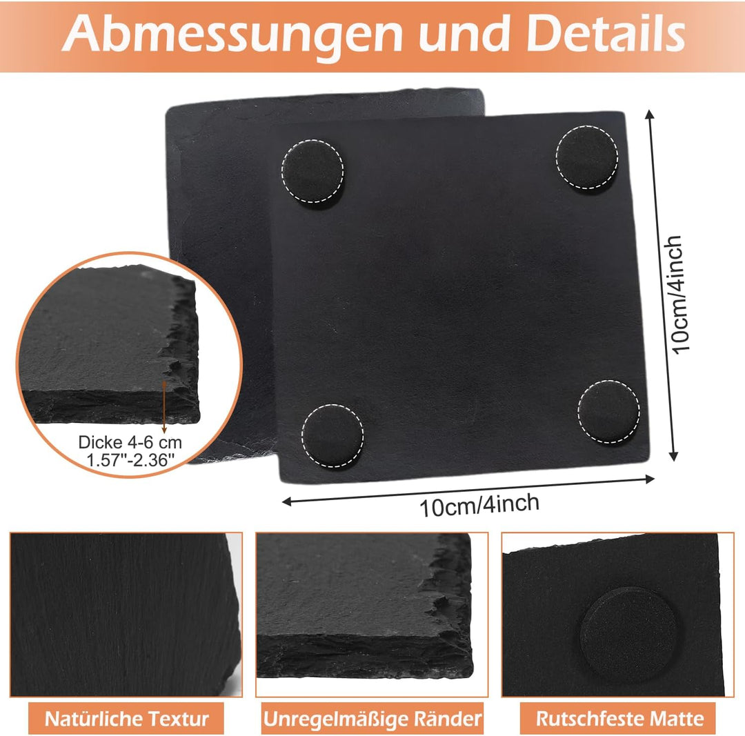 24 Stück Schiefer Untersetzer Gläser, 10x10 cm Glasuntersetzer Quadrat, Schiefer-Getränkeuntersetzer