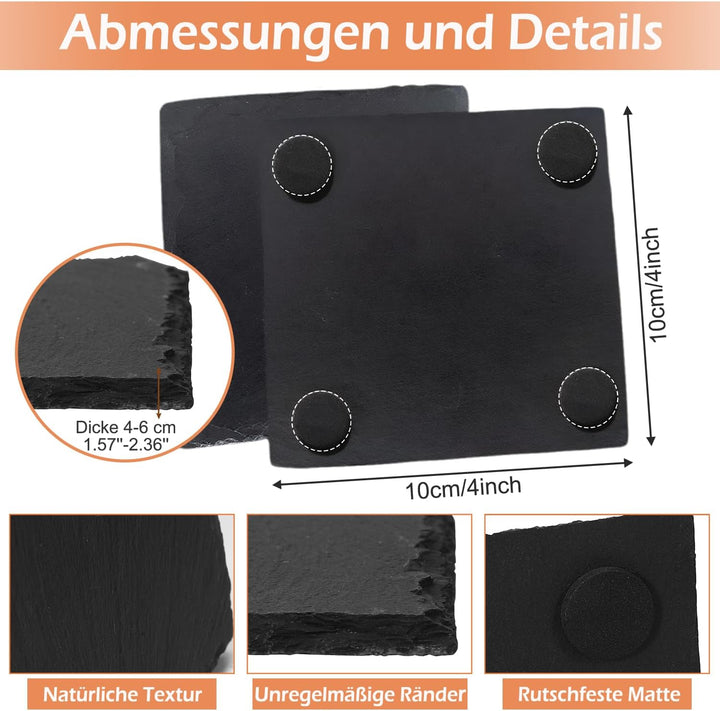 24 Stück Schiefer Untersetzer Gläser, 10x10 cm Glasuntersetzer Quadrat, Schiefer-Getränkeuntersetzer