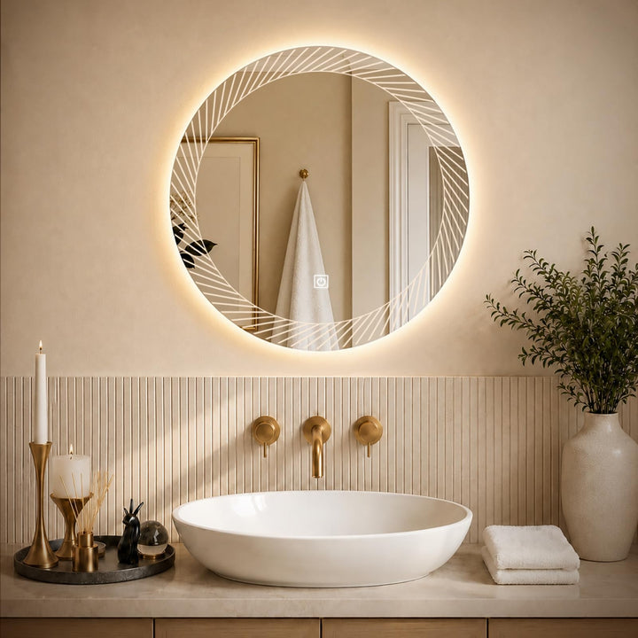 Rund Badezimmer Wandspiegel, Badspiegel Mit Beleuchtung, 50cm Spiegel mit LED Linienmuster Licht, To