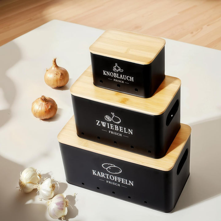 Kartoffel Aufbewahrungsbox 3er Set, 360° Luftzirkulation für längere Frische, Für Zwiebeln, Kartoffe