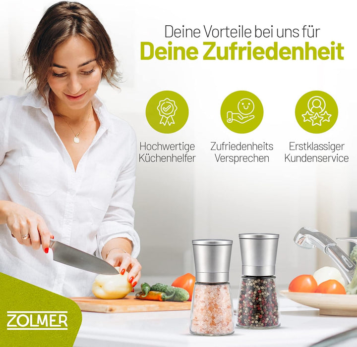 Gewürzmühle 2er Set Mit Einstellbarem Keramikmahlwerk - Pfeffermühle Edelstahl, Salzmühle, Salz Pfef