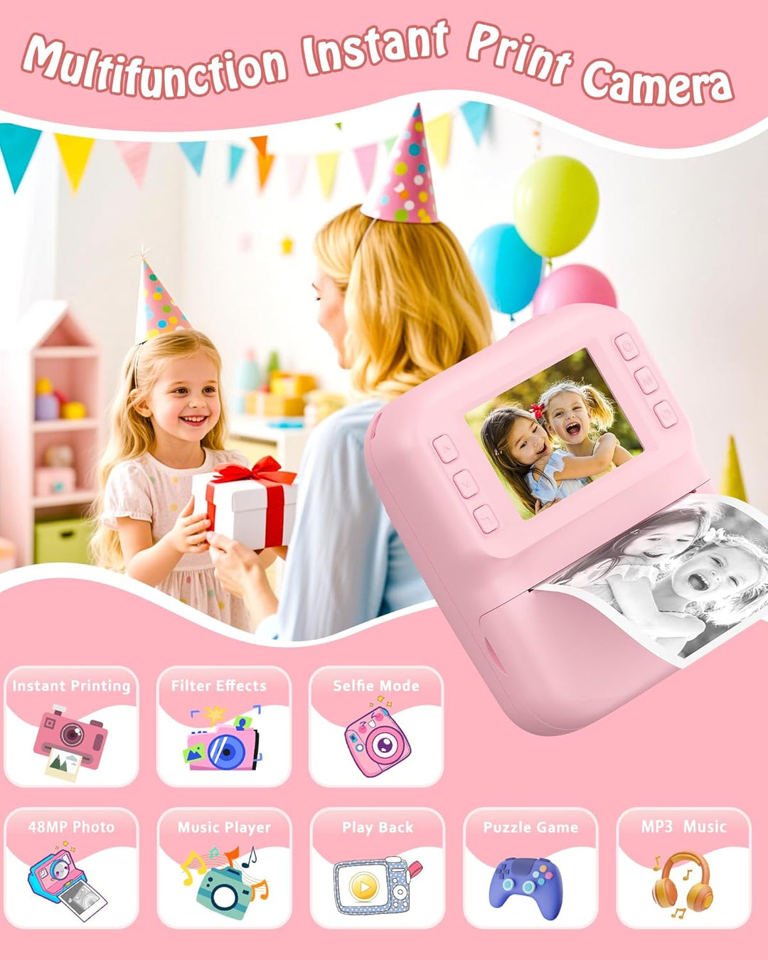 Sofortbildkamera Kinder 48MP, 1080P Video Kinderkamera mit Sofortdruck, 2,4 Zoll IPS Spielzeug Kamer