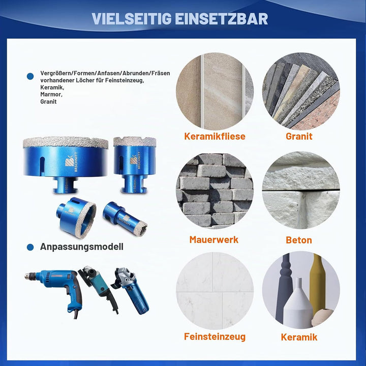 Diamantbohrer Fliesenbohrer Set - 20/35/50/68/100mm Diamantbohrer &amp; 50mm Diamant-Fasenbohrer ein Ada
