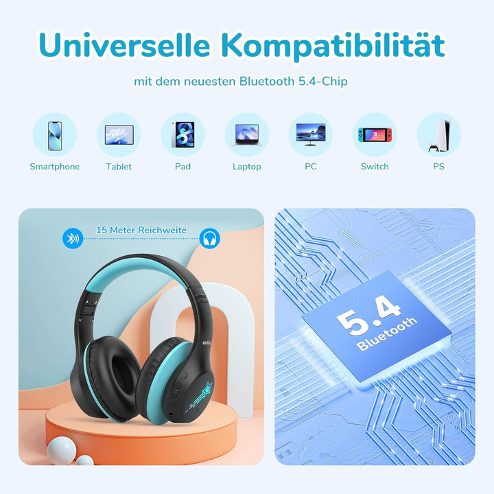 EarFun Bluetooth Kopfhörer Kinder, 5 LED-Beleuchtungsmodi, 74/85/94 dBA Lautstärkebegrenzung, 90 Std