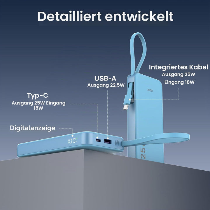 JUOVI Power Bank 10000mAh mit Kabel, 25 W Powerbank Klein Leicht, tragbarer Akkupack schnellladefunk