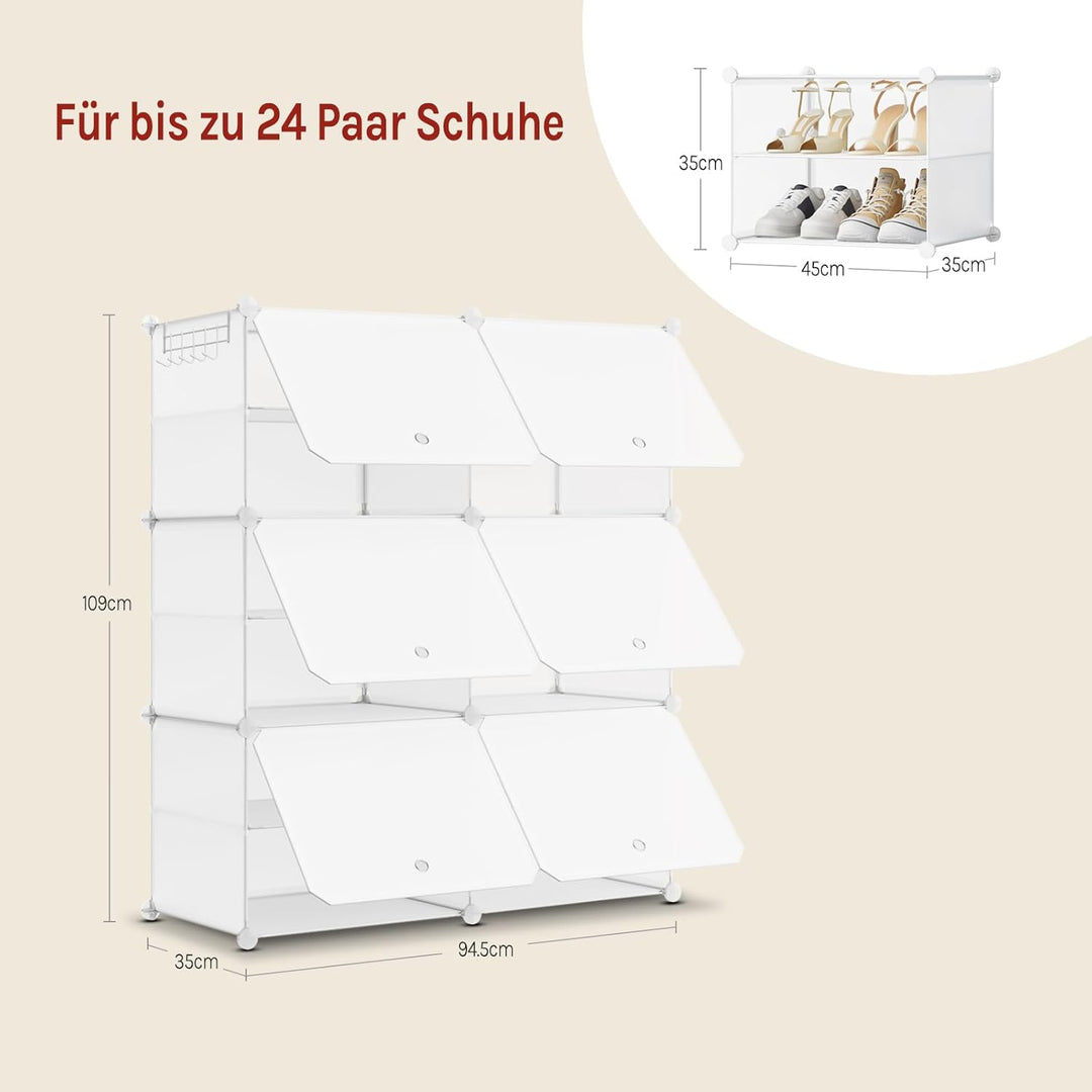 WOLTU Schuhregal 6 Fächern, Schuhschrank mit Türen, für 24 Paar Schuhe Weiss | DIY Schuhorganizer, S