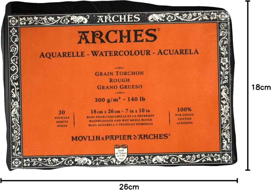 Arches - Aquarellpapierblock, 17,8 x 25,4 cm, 20 Blatt, 300 g/m², rau, säurefrei, weiss.