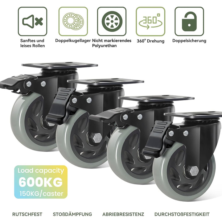 BAOLIHUI 100mm Graue Schwerlastrollen - 4er Set Lenkrollen mit Bremsen bis 600KG inkl. Montagezubehö
