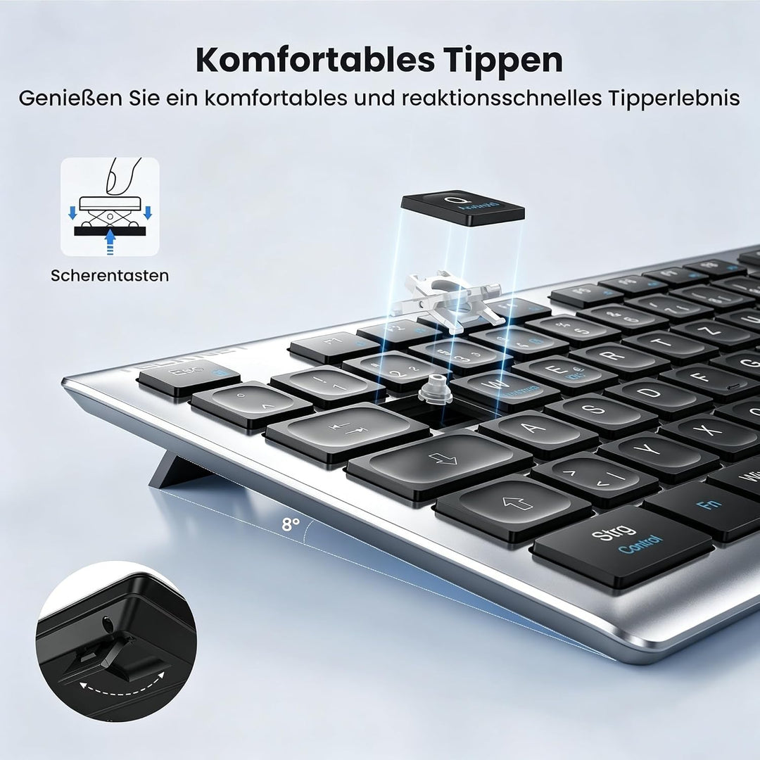 TECKNET Tastatur Maus Set Kabellos, 2.4G Wiederaufladbare Maus und Tastatur | Fullsize Deutsch QWERT