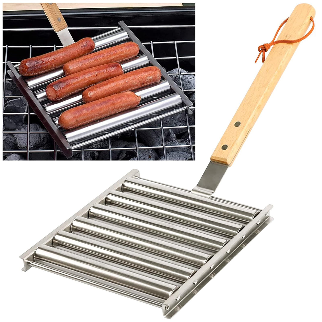 KAYCROWN Hot Dog Roller Edelstahl Wurstroller Rack mit extra langem Holzgriff, BBQ Hot Dog Griller f