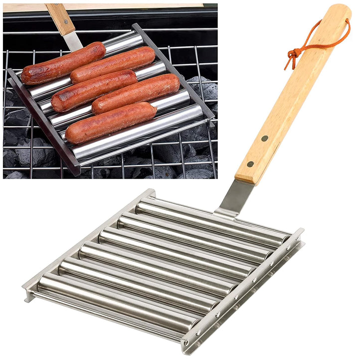 KAYCROWN Hot Dog Roller Edelstahl Wurstroller Rack mit extra langem Holzgriff, BBQ Hot Dog Griller f