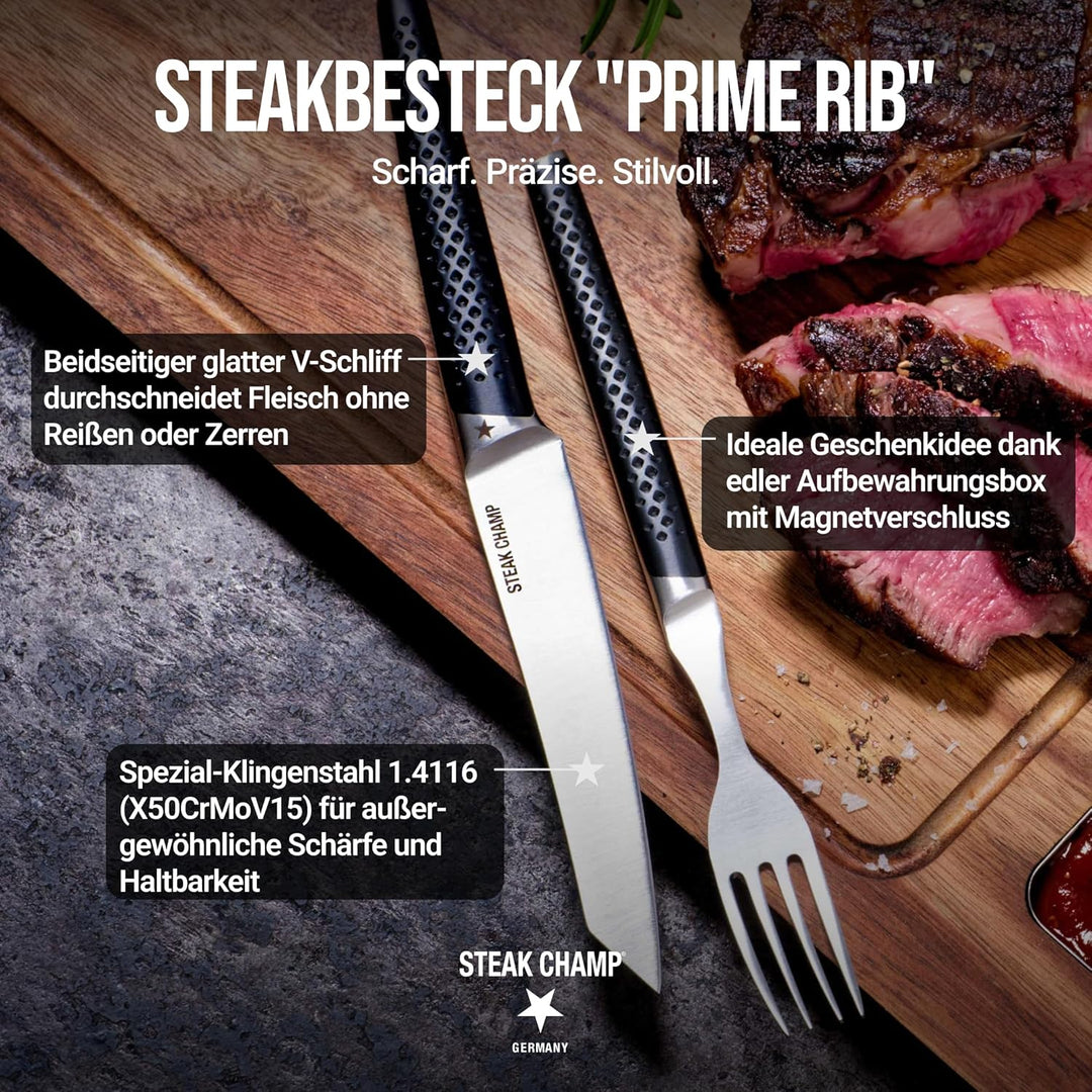 Steak Champ Steakbesteck Prime Rib: 2 Steakmesser & 2 Steakgabeln aus Klingenstahl, Rutschfeste Grif