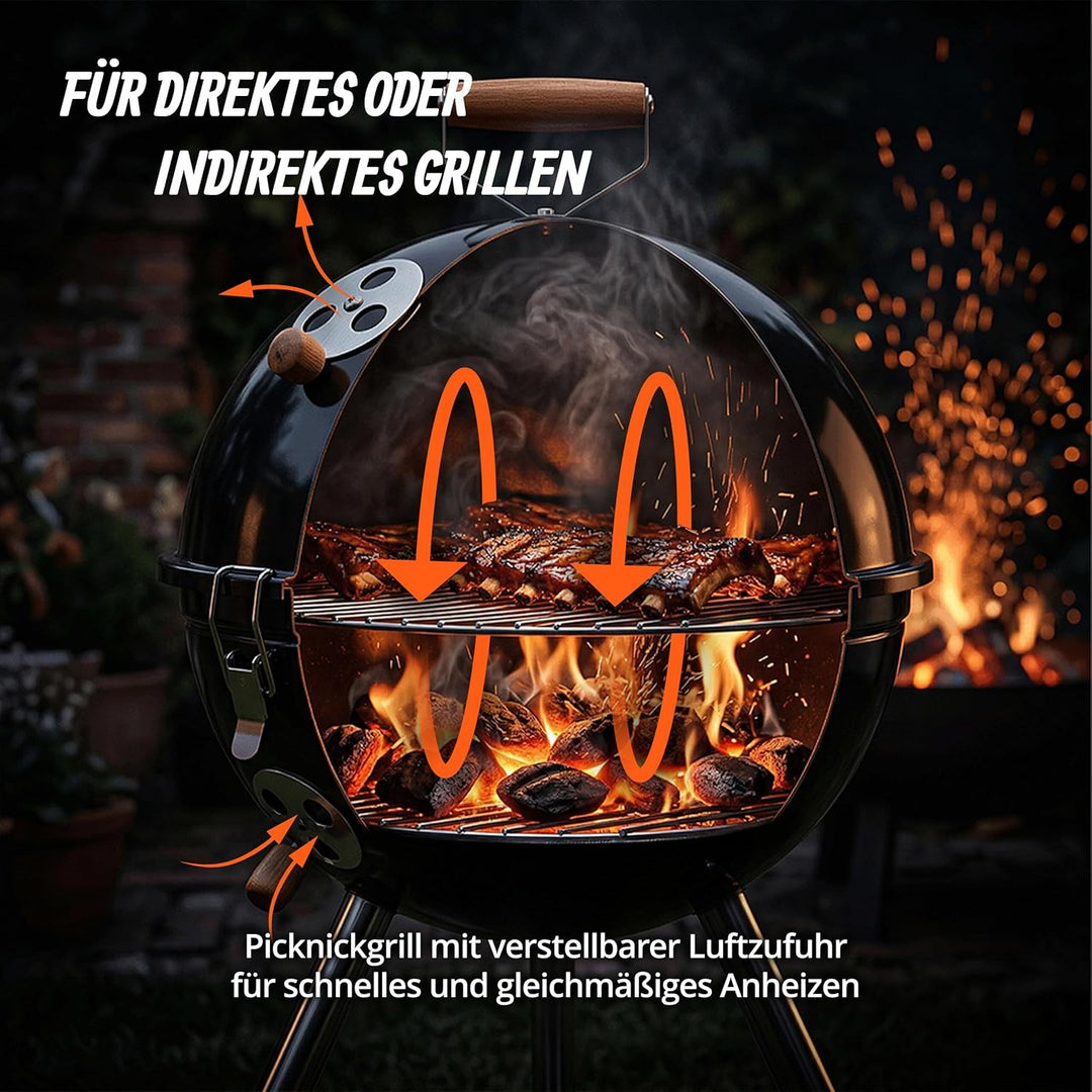 Relaxdays Mini Kugelgrill, tragbar, Ø 30 cm, Picknickgrill für Balkon & Camping, Holzkohlegrill mit