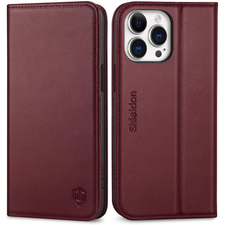 SHIELDON Hülle für iPhone 15 Pro Max, Handyhülle [Kartenfächer] [Echtes Rindsleder] [Standfunktion]