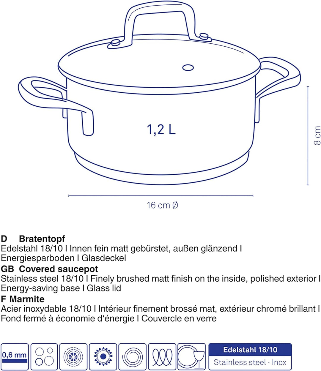 Kela 10171 Flavoria Bratentopf, 18/8 Stainless Steel, 1.2 liters, Edelstahl 1,2 l, 1,2 l