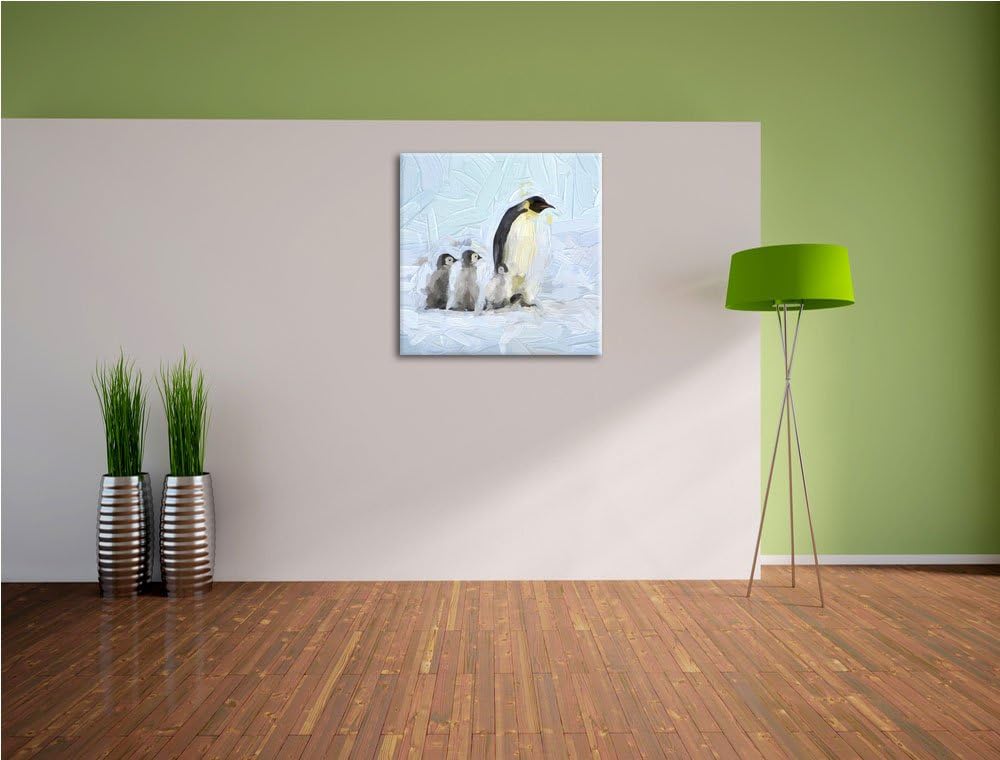 4 Kaiserpinguine im Schnee, Format: 70x70 auf Leinwand, XXL riesige Bilder fertig gerahmt mit Keilra
