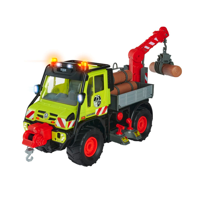 Dickie Toys - Unimog Holztransporter - mit elektrischer Seilwinde und Kranarm mit Joystick-Steuerung