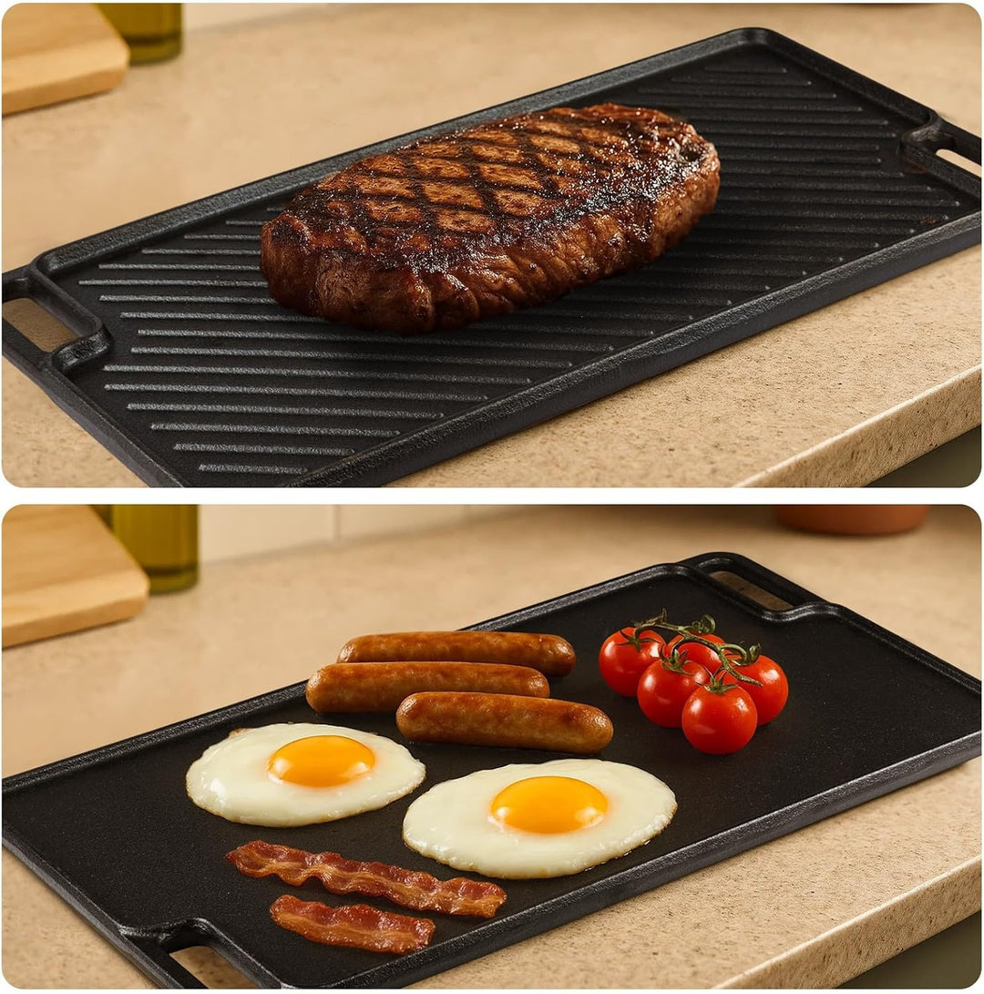 Gusseisen Grillpfanne Set 2-teilig, Vorgewürzte Grillplatte für BBQ