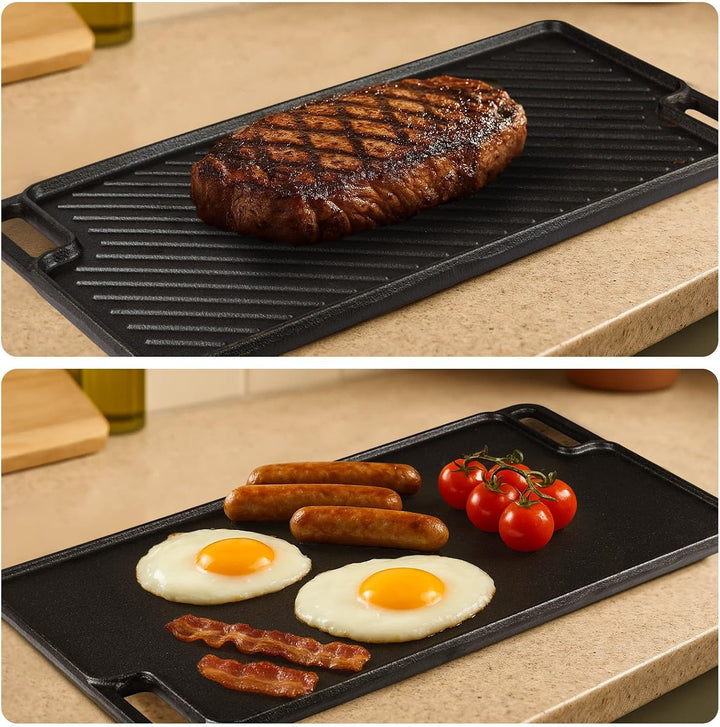 Gusseisen Grillpfanne Set 2-teilig, Vorgewürzte Grillplatte für BBQ